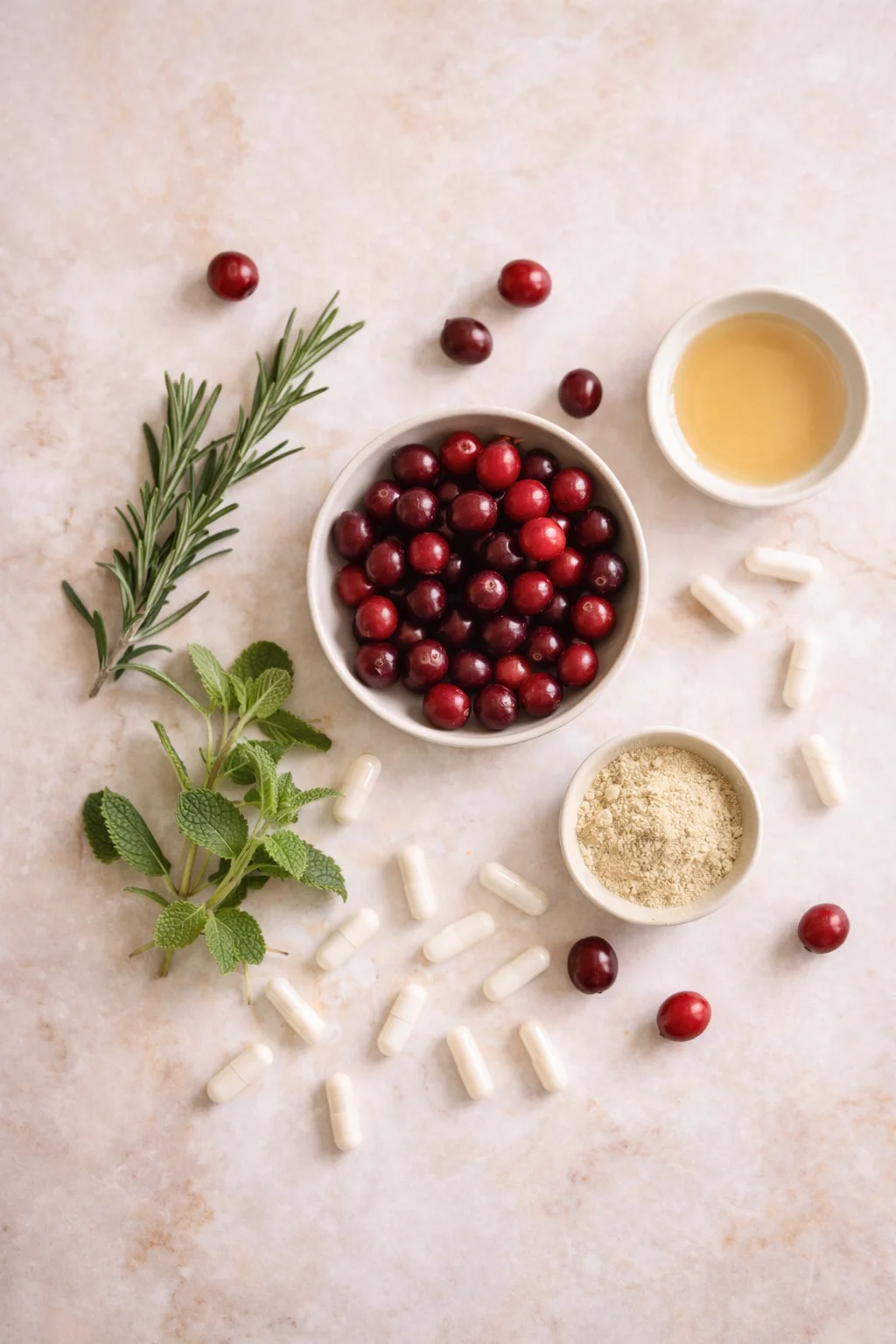 Természetes összetevők — tőzegáfonya, gyógynövények és kapszulák