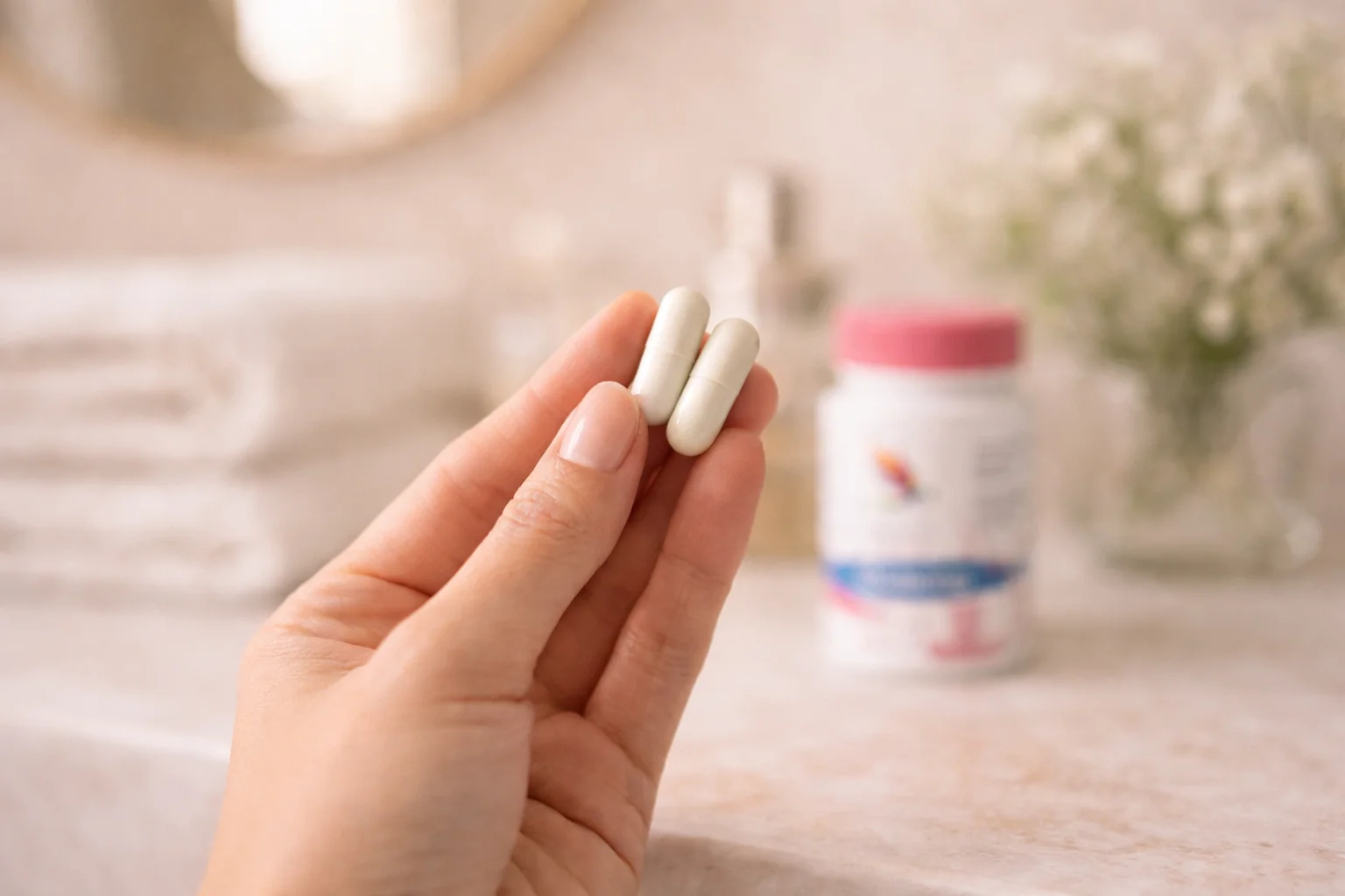 Kéz két Her Biotic kapszulát tart