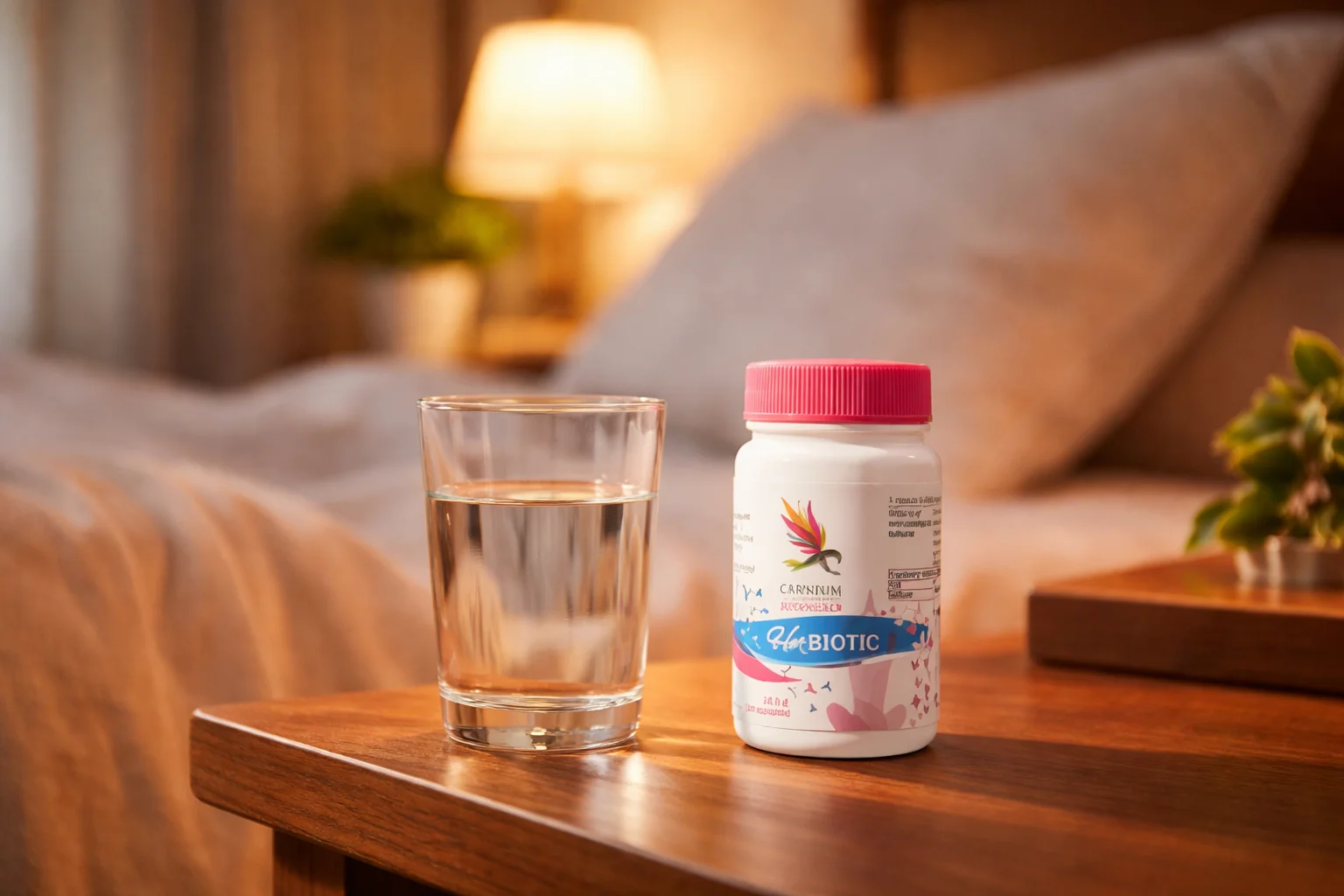 Her Biotic az éjjeliszekrényen egy pohár víz mellett